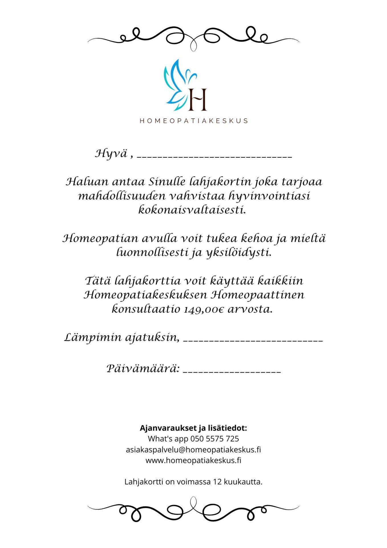 Homeopatiakeskuksen lahjakortin sisältö